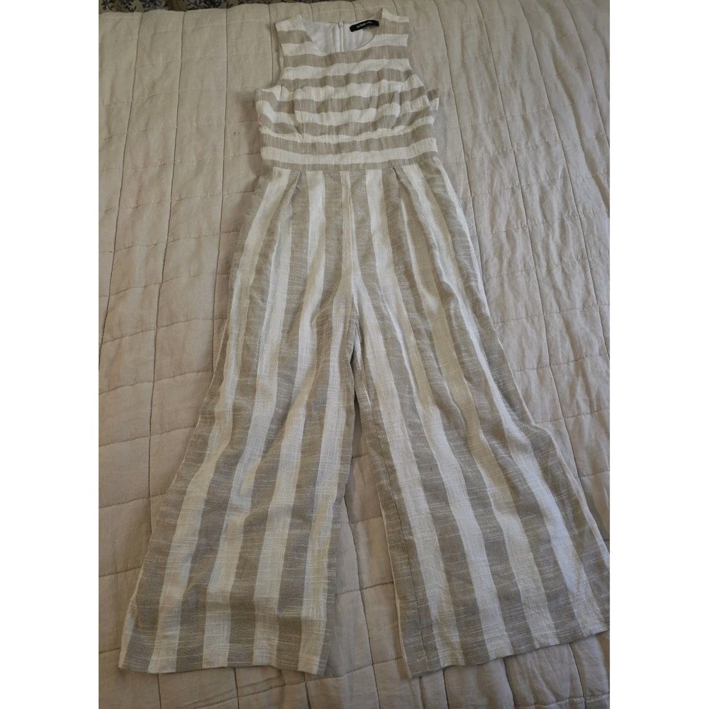 Sugar+Lips Jumpsuit Sleeveless Ivory & Tan Striped Linen Blend Small